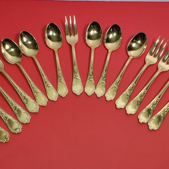 Solingen 6 Teaspoons & 9 Cake Forks 23/24K Gold Plated Stainless-Germany - Picture 10 of 10